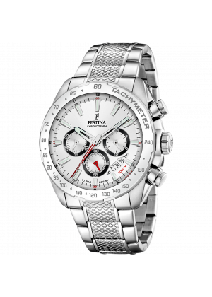 Montre festina timeless chronograph f20668/1 blanc, bracelet d’ acier inoxydable, homme