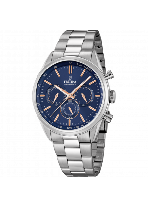 Montre festina timeless chronograph f16820/a bleu, bracelet en acier, homme