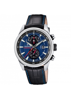 Montre festina timeless chronograph f20695/5 bleu, bracelet d’ cuir, homme